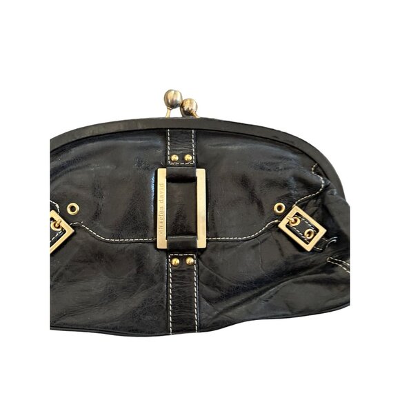 CHARLES DAVID Black Leather Gold Kisslock Clutch Bag - Picture 2 of 5